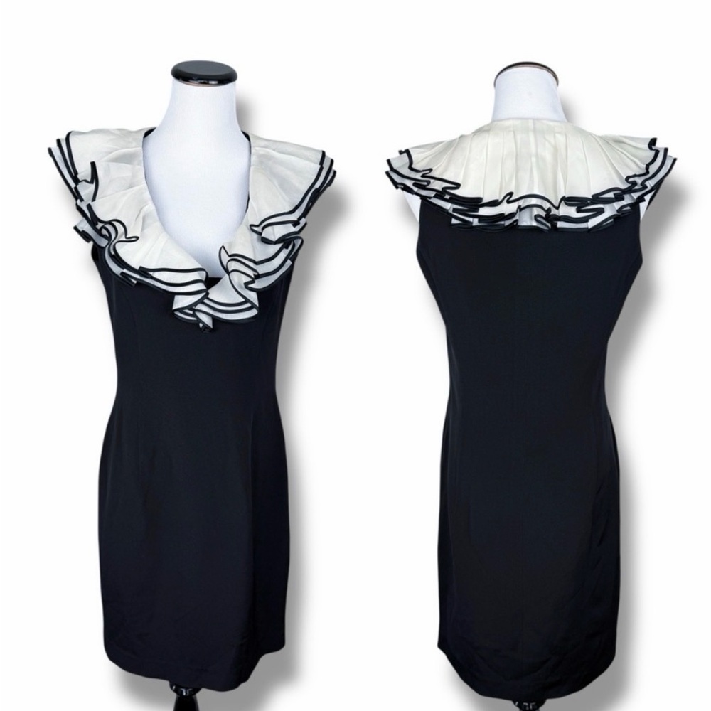 Escada Vintage Black Cocktail Dress w/ White Ruffle Collar 40 - Designer, V-Neck